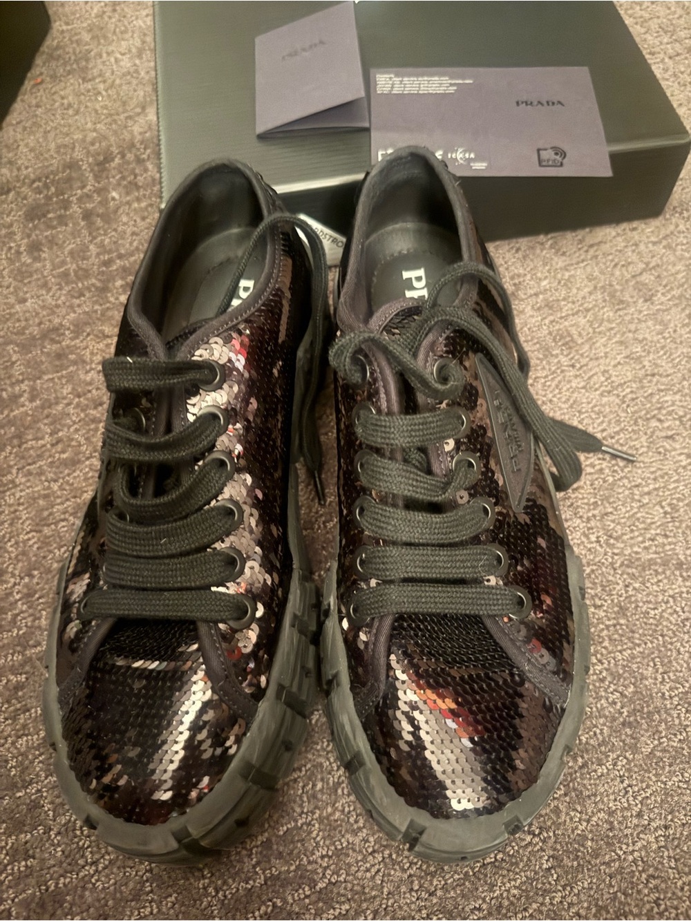 Prada Black Sequin Low-Top Sneakers